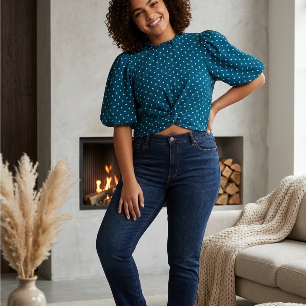 Teal Polka Dot Puff-Sleeve Twist-Front Blouse